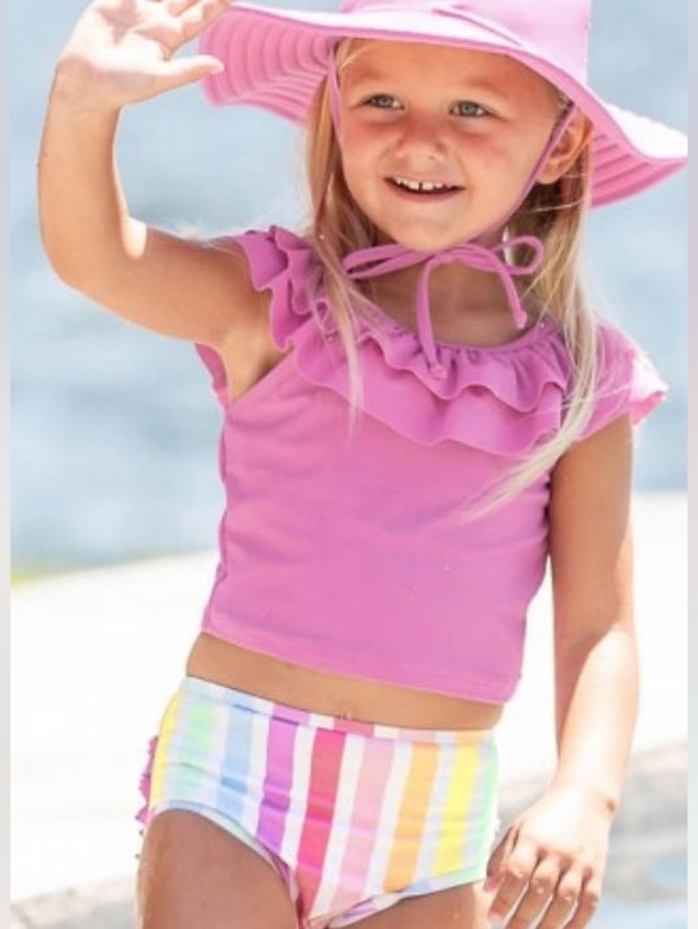 Ruffle Butts Pink Ruffle Tankini with Pastel Rainbow Stripes